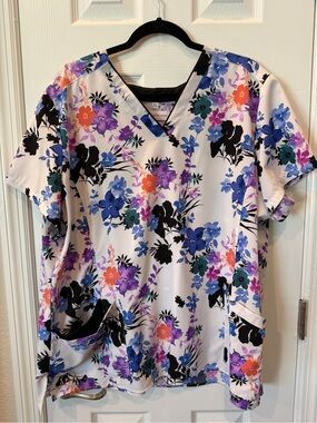 White Cross Floral V-Neck Scrub Top - White with Blue, Purple, Black & Coral